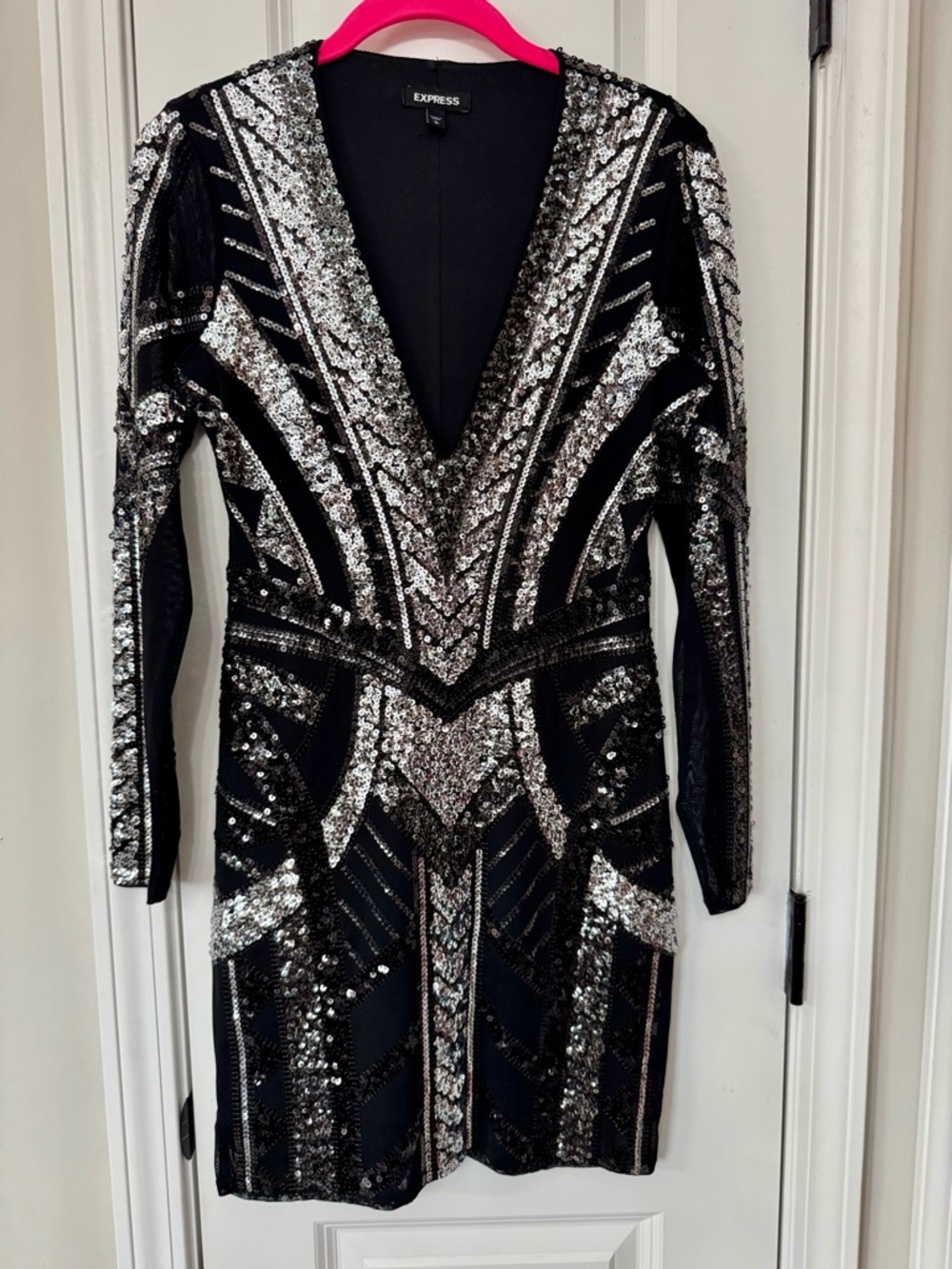 Express Black & Silver Sequin Long Sleeve V-Neck Dress